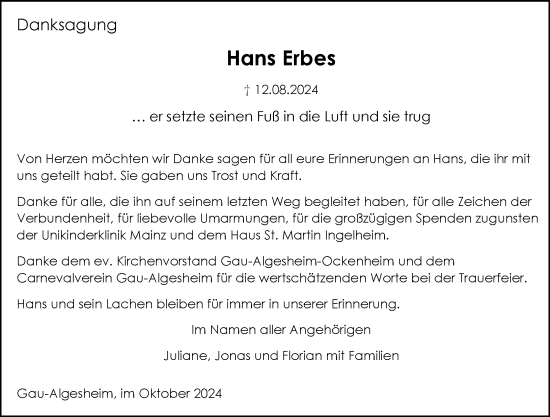 Traueranzeige von Hans Erbes von Allgemeine Zeitung Rheinhessen-Nahe
