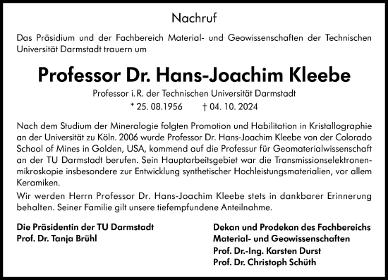 Traueranzeige von Hans-Joachim Kleebe von Darmstädter Echo