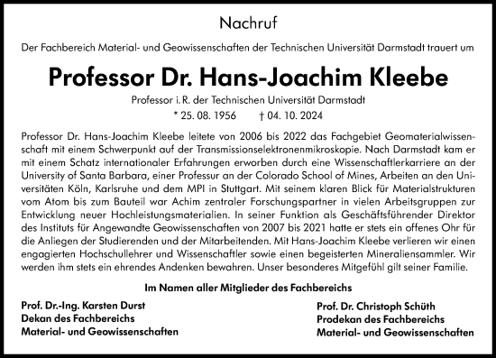 Traueranzeige von Hans-Joachim Kleebe von Darmstädter Echo