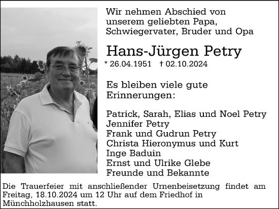 Traueranzeige von Hans-Jürgen Petry von Wetzlarer Neue Zeitung