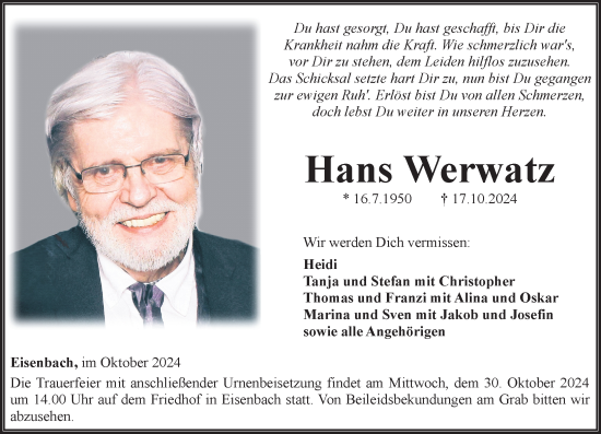 Traueranzeige von Hans Werwatz von Camberger Anzeiger