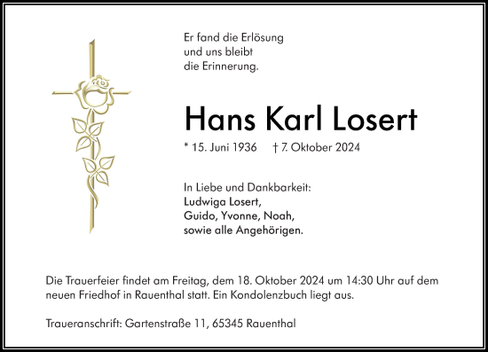 Traueranzeige von Hans Karl Losert von Wiesbadener Kurier