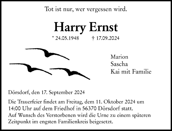 Traueranzeige von Harry Ernst von Wiesbadener Kurier
