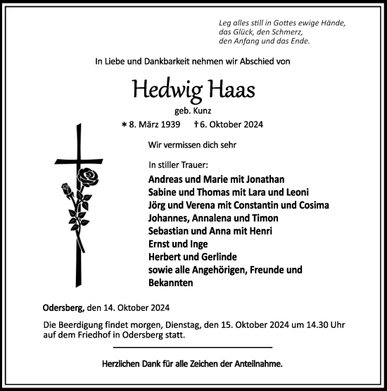 Traueranzeige von Hedwig Haas von Dill Block