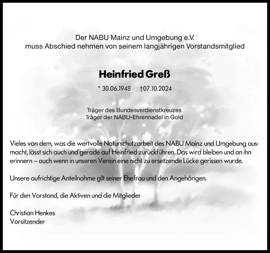 Traueranzeige von Heinfried Greß von Allgemeine Zeitung Mainz