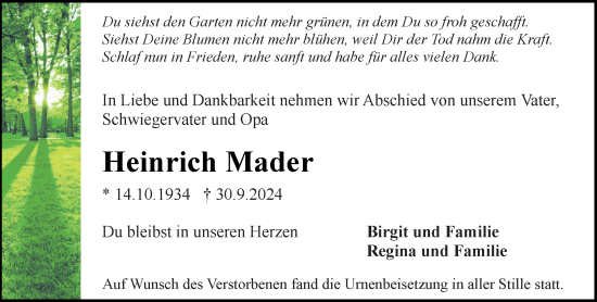 Traueranzeige von Heinrich Mader von Rüsselsheimer Echo