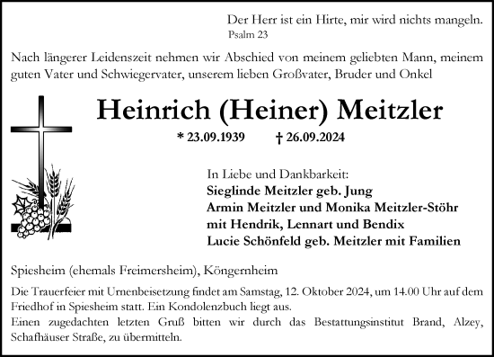 Traueranzeige von Heinrich Meitzler von Allgemeine Zeitung Alzey