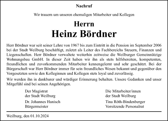 Traueranzeige von Heinz Bördner von Weilburger Tageblatt