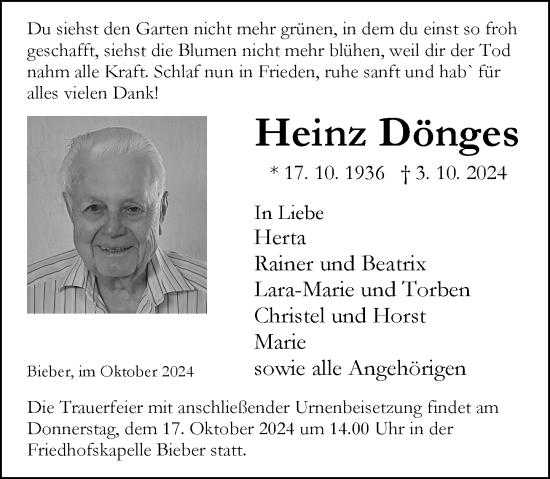 Traueranzeige von Heinz Dönges von Wetzlarer Neue Zeitung