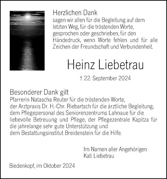 Traueranzeige von Heinz Liebetrau von Hinterländer Anzeiger
