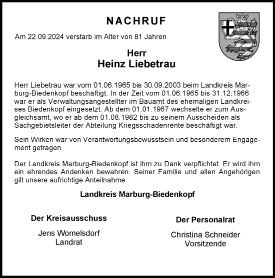 Traueranzeige von Heinz Liebetrau von Hinterländer Anzeiger