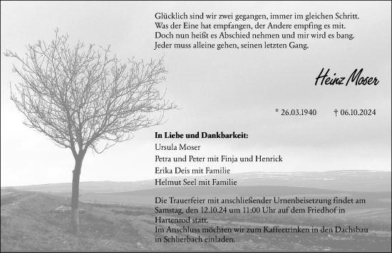 Traueranzeige von Heinz Moser von Hinterländer Anzeiger