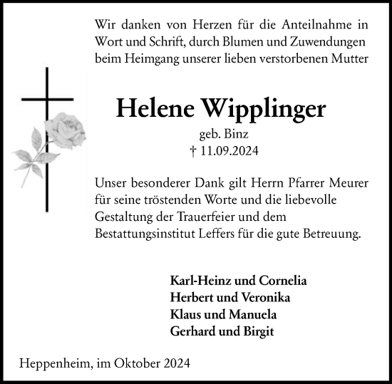 Traueranzeige von Helene Wipplinger von Starkenburger Echo