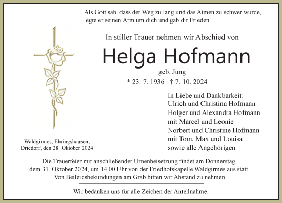 Traueranzeige von Helga Hofmann von Wetzlarer Neue Zeitung