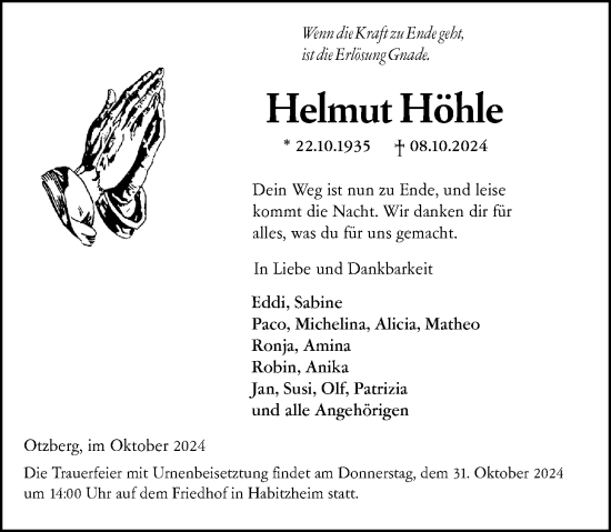 Traueranzeige von Helmut Höhle von Darmstädter Echo