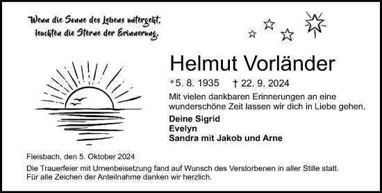 Traueranzeige von Helmut Vorländer von Dill Block