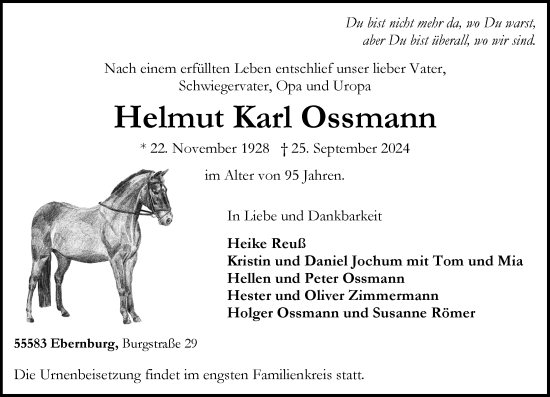 Traueranzeige von Helmut Karl Ossman von Allgemeine Zeitung Rheinhessen-Nahe