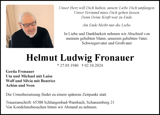 Traueranzeige von Helmut Ludwig Fronauer von Wiesbadener Kurier