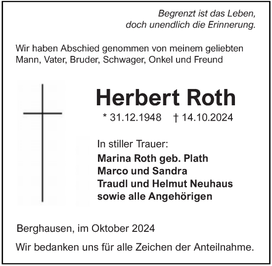 Traueranzeige von Herbert Roth von Wetzlarer Neue Zeitung