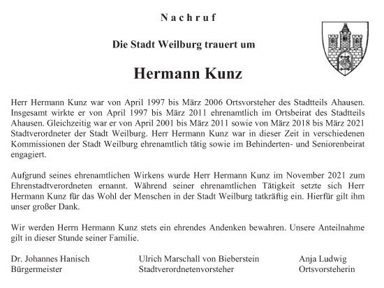 Traueranzeige von Hermann Kunz von Weilburger Tageblatt