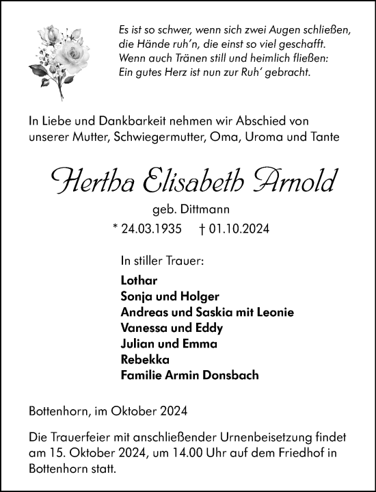 Traueranzeige von Hertha Elisabeth Arnold von Hinterländer Anzeiger