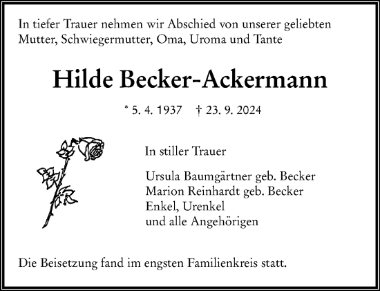 Traueranzeige von Hilde Becker-Ackermann von Allgemeine Zeitung Mainz