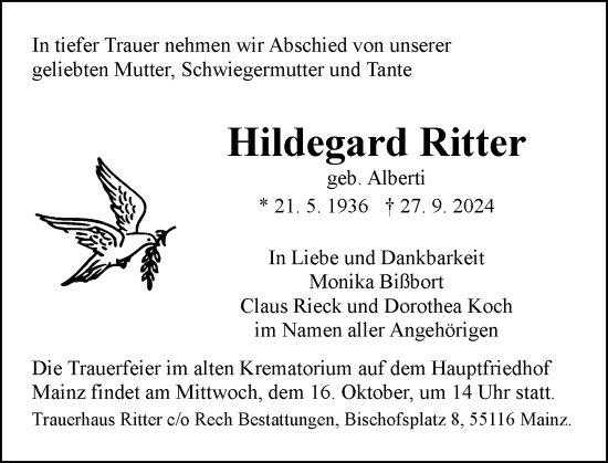 Traueranzeige von Hildegard Ritter von Allgemeine Zeitung Mainz