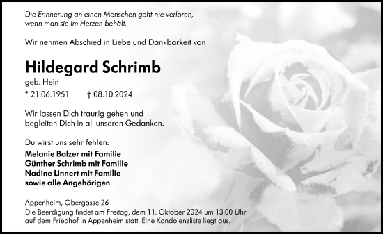 Traueranzeige von Hildegard Schrimb von Allgemeine Zeitung Rheinhessen-Nahe
