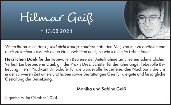 Traueranzeige von Hilmar Geiß von Allgemeine Zeitung Rheinhessen-Nahe