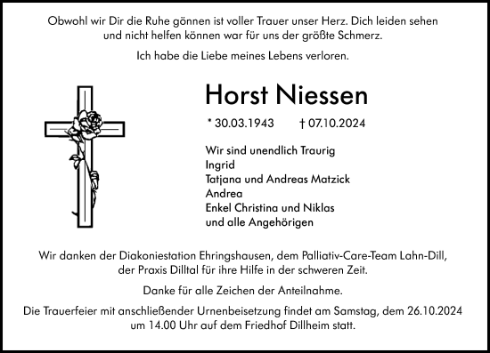 Traueranzeige von Horst Niessen von Dill Block