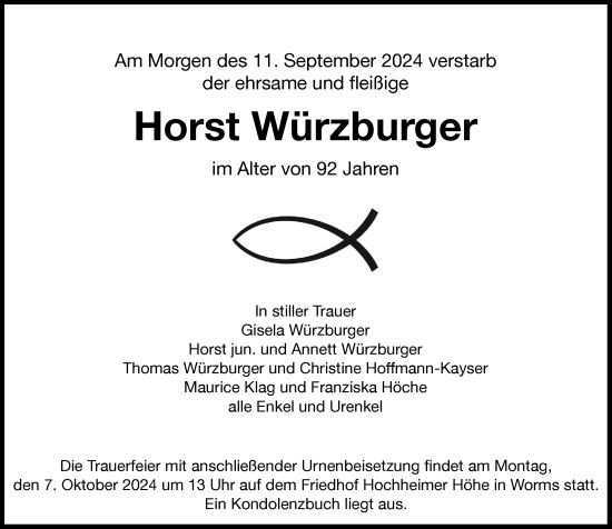 Traueranzeige von Horst Würzburger von Wormser Zeitung