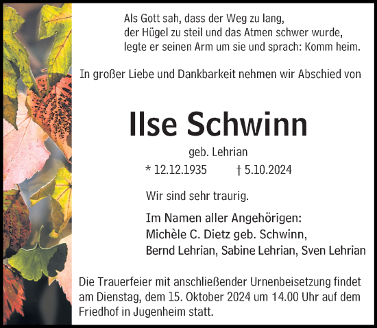 Traueranzeige von Ilse Schwinn von Darmstädter Echo