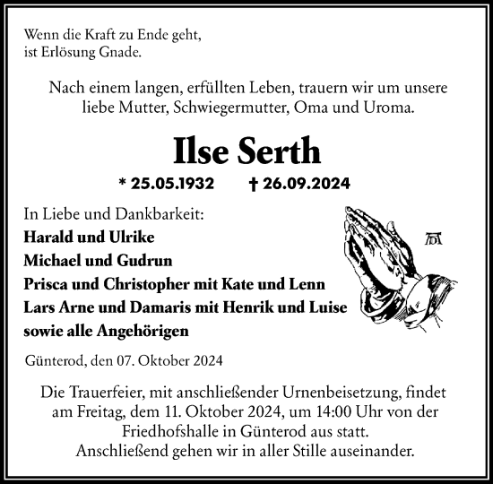 Traueranzeige von Ilse Serth von Hinterländer Anzeiger