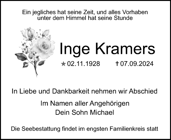 Traueranzeige von Inge Kramers von Allgemeine Zeitung Mainz