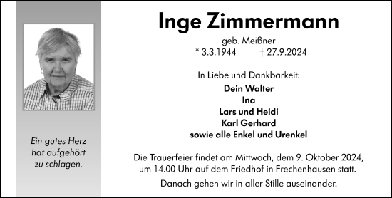 Traueranzeige von Inge Zimmermann von Hinterländer Anzeiger
