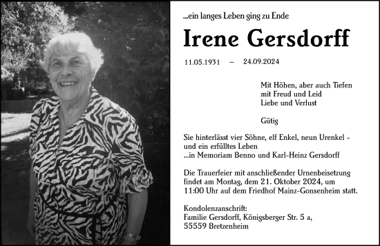 Traueranzeige von Irene Gersdorff von Allgemeine Zeitung Mainz