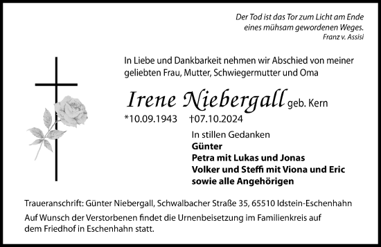 Traueranzeige von Irene Niebergall von Idsteiner Land/Untertaunus