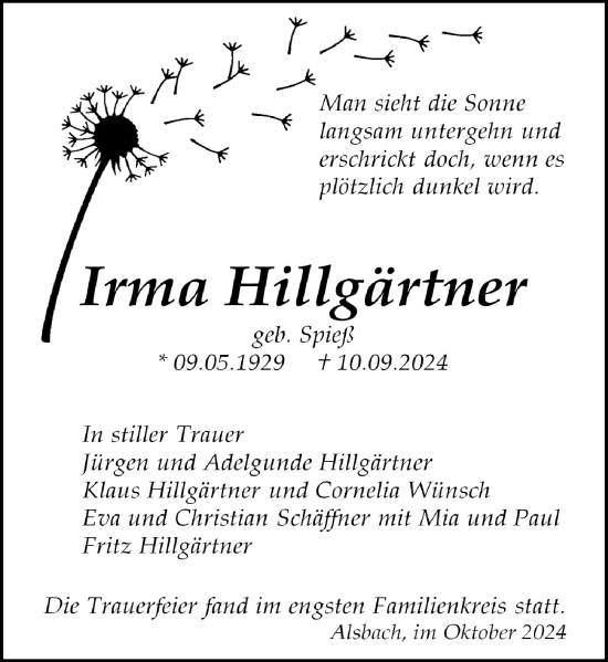 Traueranzeige von Irma Hillgärtner von Darmstädter Echo