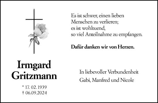 Traueranzeige von Irmgard Gritzmann von Hochheimer Zeitung