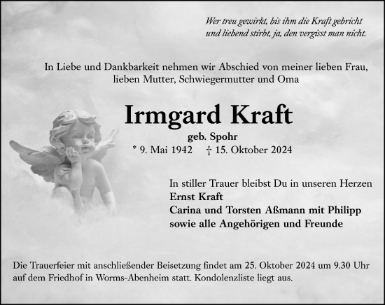 Traueranzeige von Irmgard Kraft von Wormser Zeitung