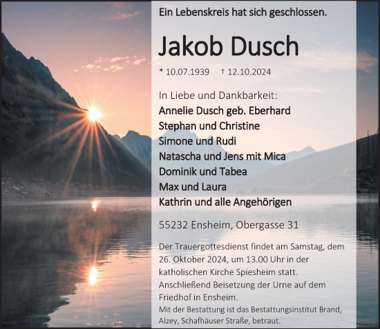 Traueranzeige von Jakob Dusch von Allgemeine Zeitung Alzey