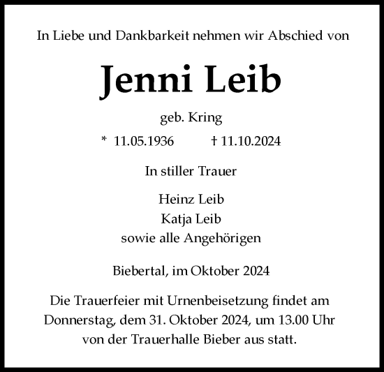 Traueranzeige von Jenni Leib von Wetzlarer Neue Zeitung