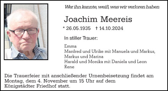 Traueranzeige von Joachim Meereis von Rüsselsheimer Echo