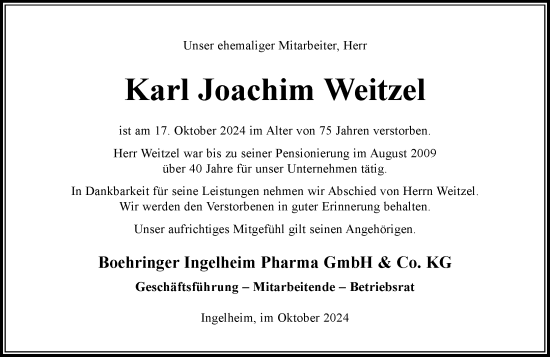 Traueranzeige von Joachim Weitzel von Allgemeine Zeitung Rheinhessen-Nahe