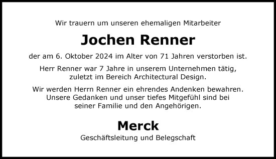 Traueranzeige von Jochen Renner von Darmstädter Echo