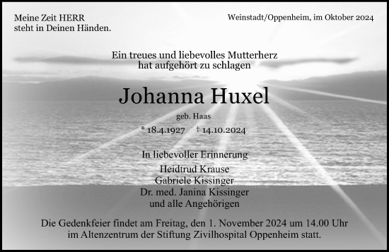 Traueranzeige von Johanna Huxel von Allgemeine Zeitung Mainz