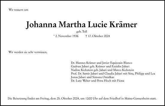 Traueranzeige von Johanna Martha Lucie Krämer von Allgemeine Zeitung Mainz