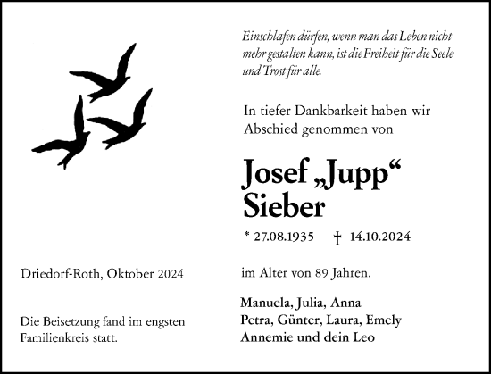 Traueranzeige von Josef Sieber von Dill Block