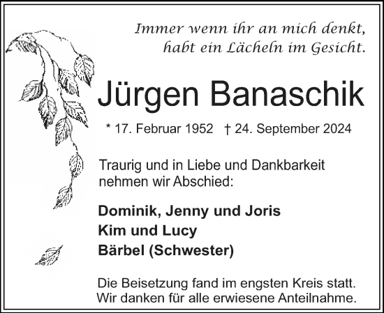 Traueranzeige von Jürgen Banaschik von Starkenburger Echo