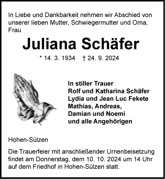 Traueranzeige von Juliana Schäfer von Wormser Zeitung